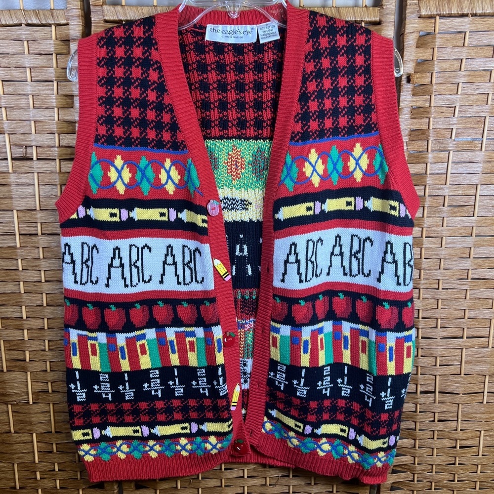 Vintage The Eagle's Eye Teacher Cotton Sweater Vest Cardigan Size Small